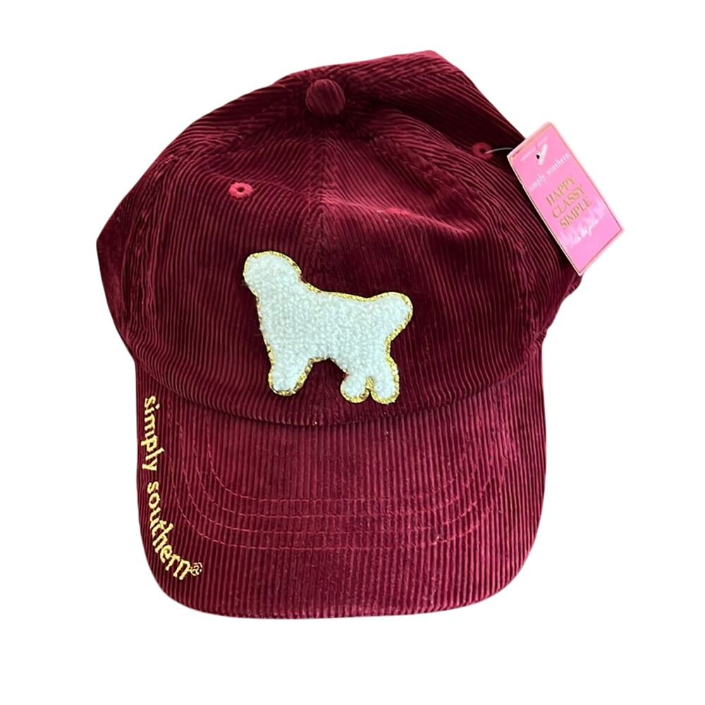 Simply Southern Dark Red Corduroy Dog Appliqué Baseball Cap Hat NWT